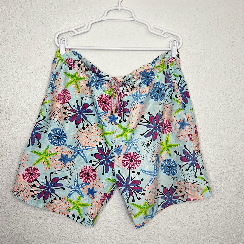 Peter Millar Tropical Swim Trunk Blue Green Floral Star Fish Summer Board Short